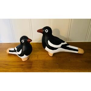 Handmade Clay Bird Whistle Set of 2 Black White Hand Painted Folk Art Ocarina